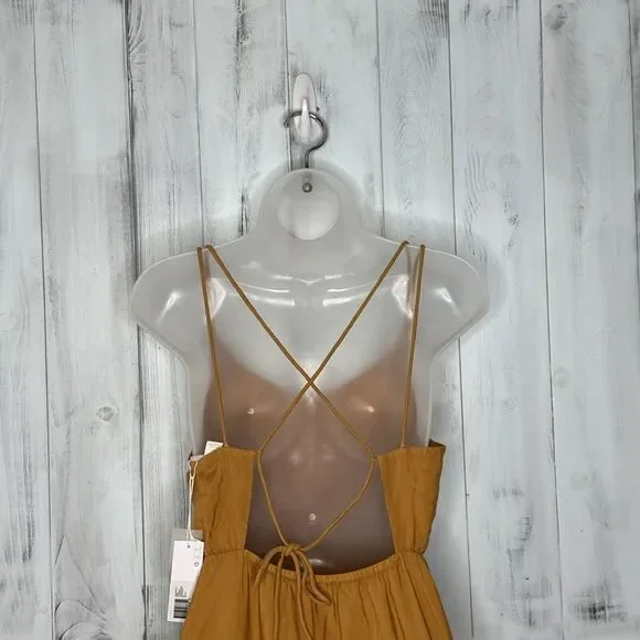 NWT Outerknown La Luna Golden Yellow Cami Silk Blend Strappy Back‎ Midi Dress S